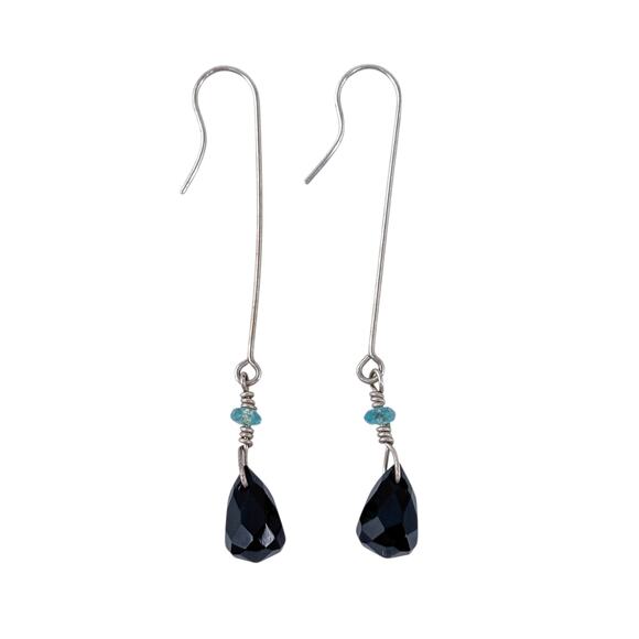 Estate Sterling Silver 925 Black Garnet Aquamarine Long Drop Earrings - Picture 4 of 7